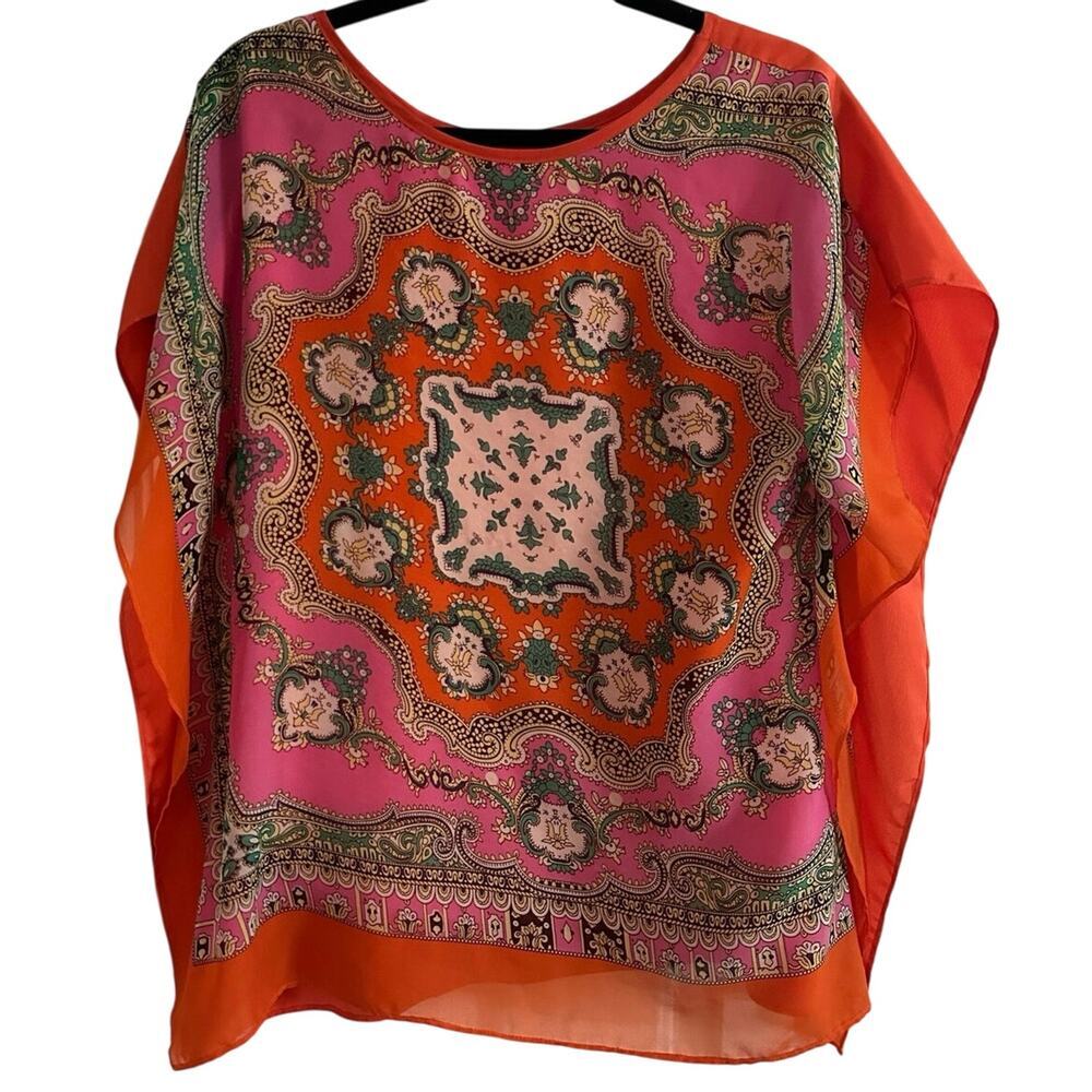 JOY JOY Melinda Tam Orange Pink Bandana Kaftan Top Blouse Boho Festival - Sz S